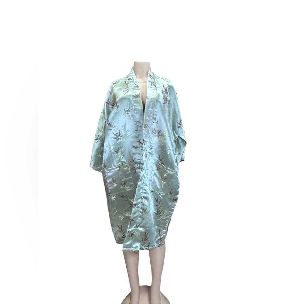 Dragon. Light Green Satin Kimono with Floral Pattern